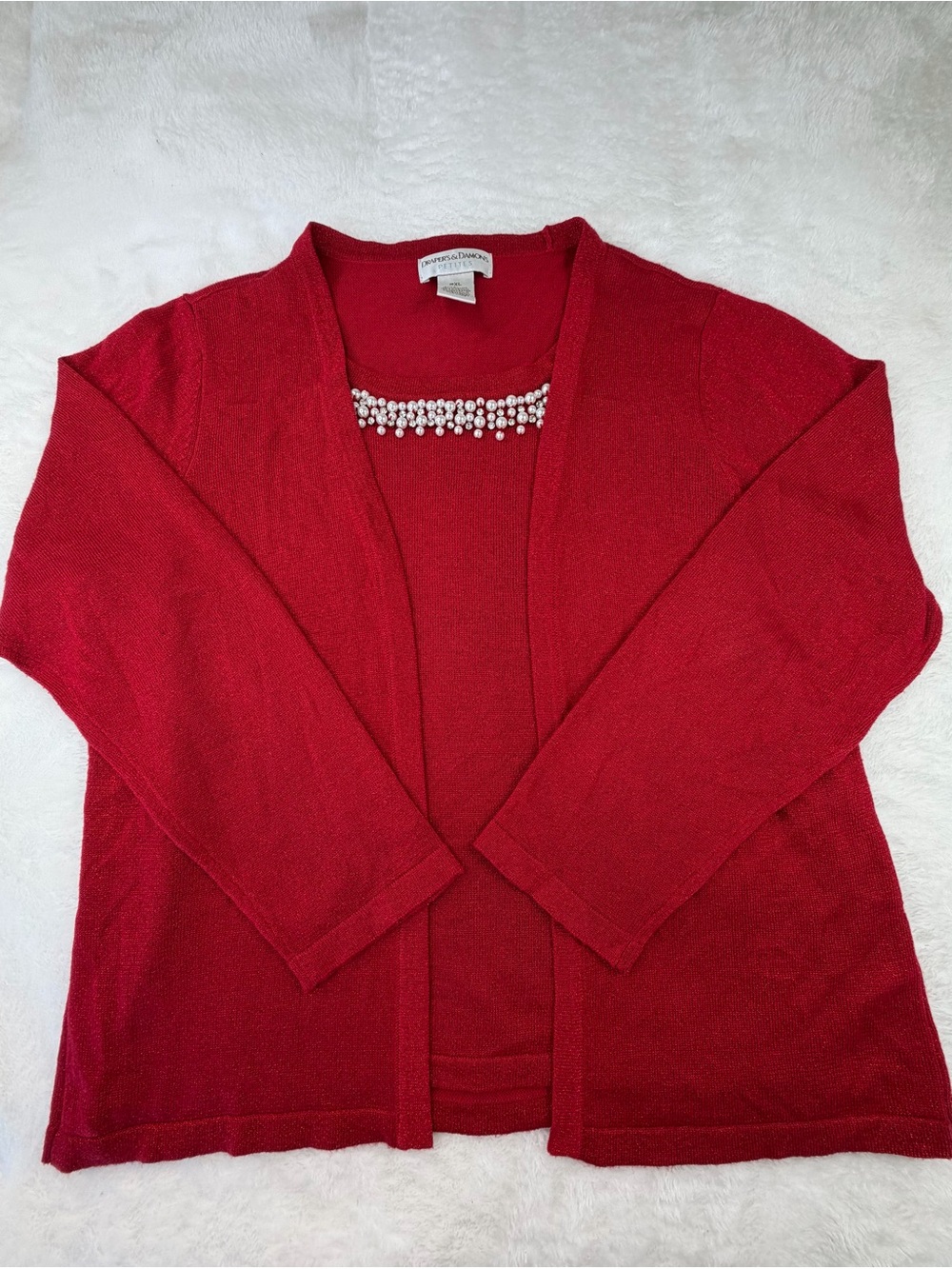 Jones New York Red Open-Front Cardigan with Pearl Accent